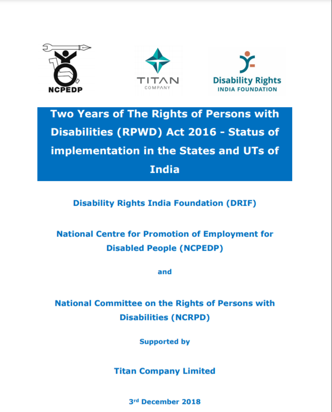 Cover page of Status Report on Implementation of the RPWD Act 2016