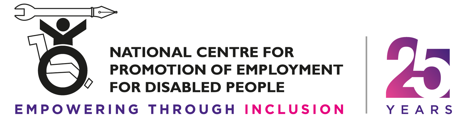 Logo of NCPECP with a wheelchair clipart in black and white on left. The text "National Centre for Promotion of Employment for Disabled People" in centre and 25 years in pink and purple on right. "Enabling Through Inclusion" written below