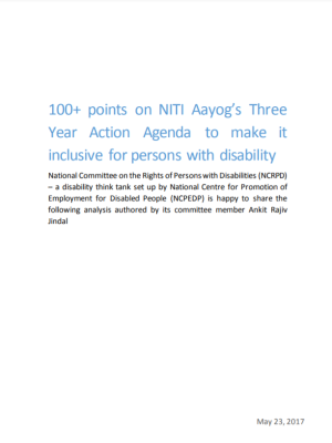 cover page of Disability Inclusion in NITI AAYOG'S three year action agenda